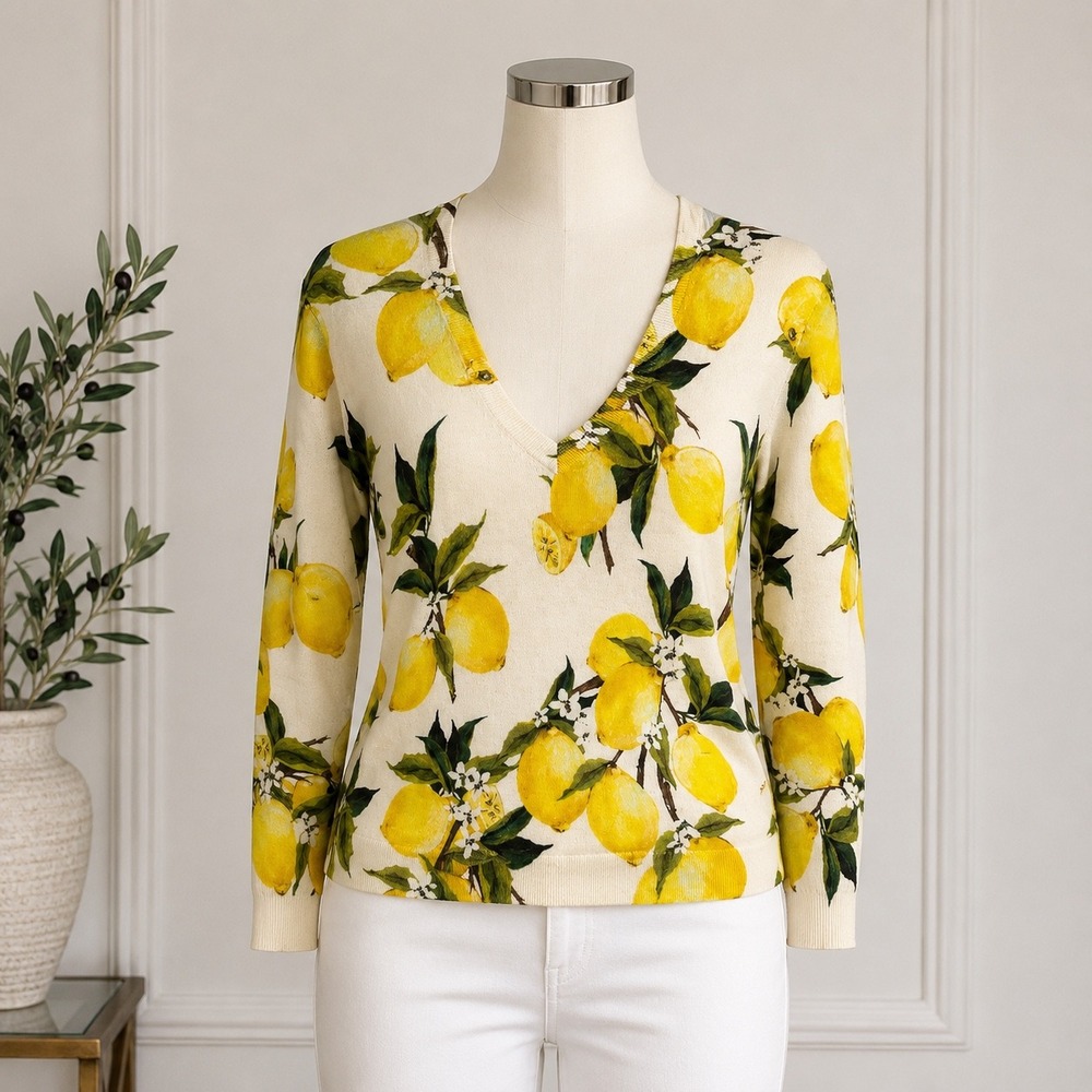 Dolce & Gabbana Lemon Print Sweater Womens 38 Cashmere Silk V-Neck Mediterranean